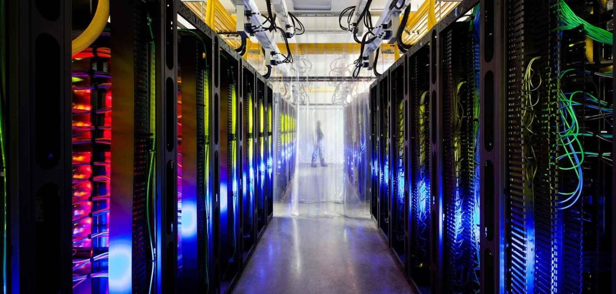 The campus-network room at a Google data center in Council Bluffs.