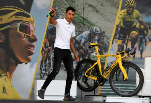 Colombia's Tour de France winner Egan Bernal waves to fans at his hometown of Zipaquira