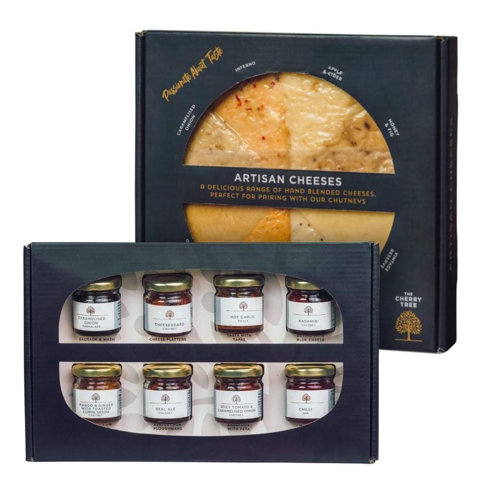 <p>8 delicious artisanal cheddars pared with Cherry Tree’s most popular chutneys.</p><p><a class="link " href="https://www.cherrytreepreserves.co.uk/collections/gifts/products/ultimate-chutney-artisan-cheese-wheel-bundle" rel="nofollow noopener" target="_blank" data-ylk="slk:BUY NOW;elm:context_link;itc:0;sec:content-canvas">BUY NOW</a> £33.50, Cherry Tree Preserves<br></p>
