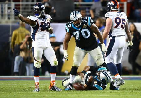 Feb 7, 2016; Santa Clara, CA, USA; Carolina Panthers quarterback Cam Newton (1) reacts after being knocked down by Denver Broncos inside linebacker Danny Trevathan (59) in the second half in Super Bowl 50 at Levi's Stadium. Mandatory Credit: Mark J. Rebilas-USA TODAY Sports