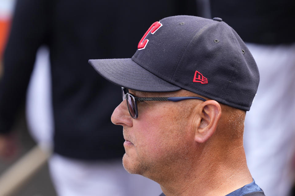 Cleveland Guardians manager Terry Francona pauses in the dugout during the first inning of a spring training baseball game against the Los Angeles Angels Tuesday, March 14, 2023, in Goodyear, Ariz. (AP Photo/Ross D. Franklin)