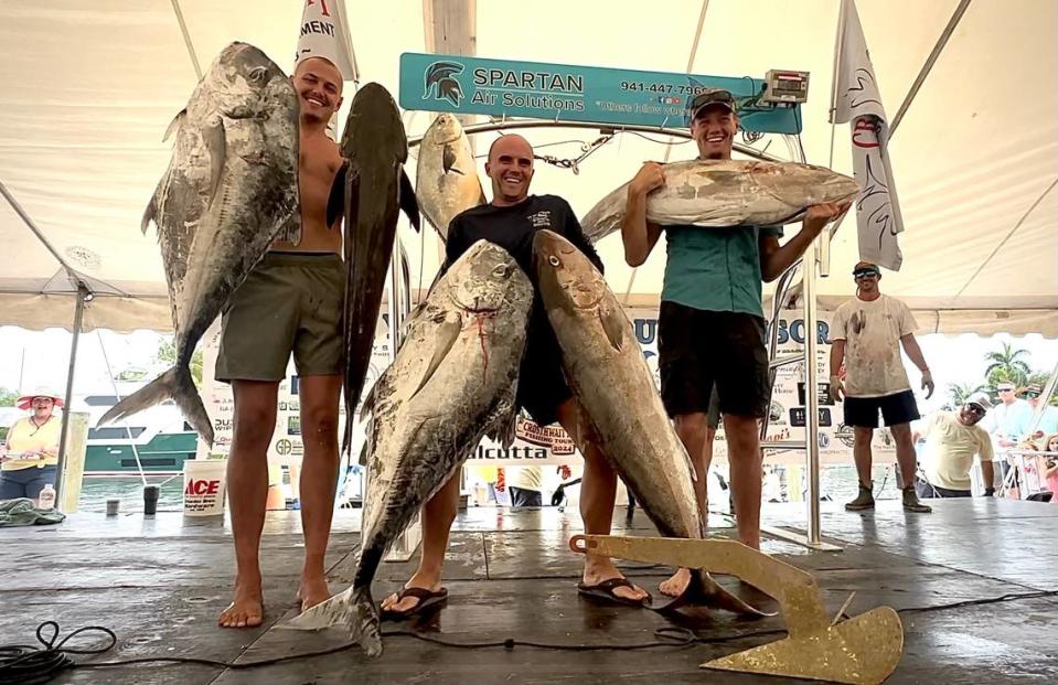 Josh McCann, Troy von Blankenburg and Jared DeBlecourt pose for a photo with the fish they caught to win the Spearfishing division of the 40th Annual Crosthwait Memorial Fishing Tournament in Manatee County.