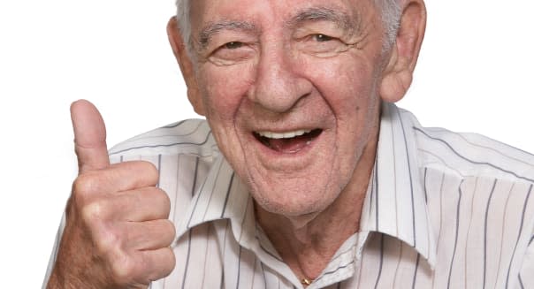 Happy old man senior thumbs up isolated on white background