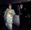 <p>The Princess arrives at the Embassy of Japan in London for an official dinner hosted by Emperor Hirohito of Japan in October 1971. </p>