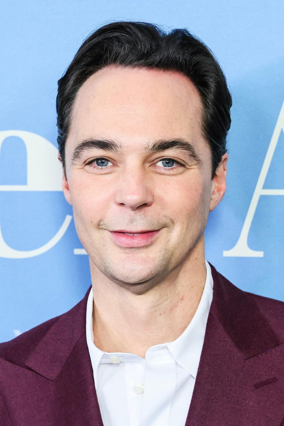 Jim Parsons smiling in a burgundy jacket with a lapel pin on a blue backdrop