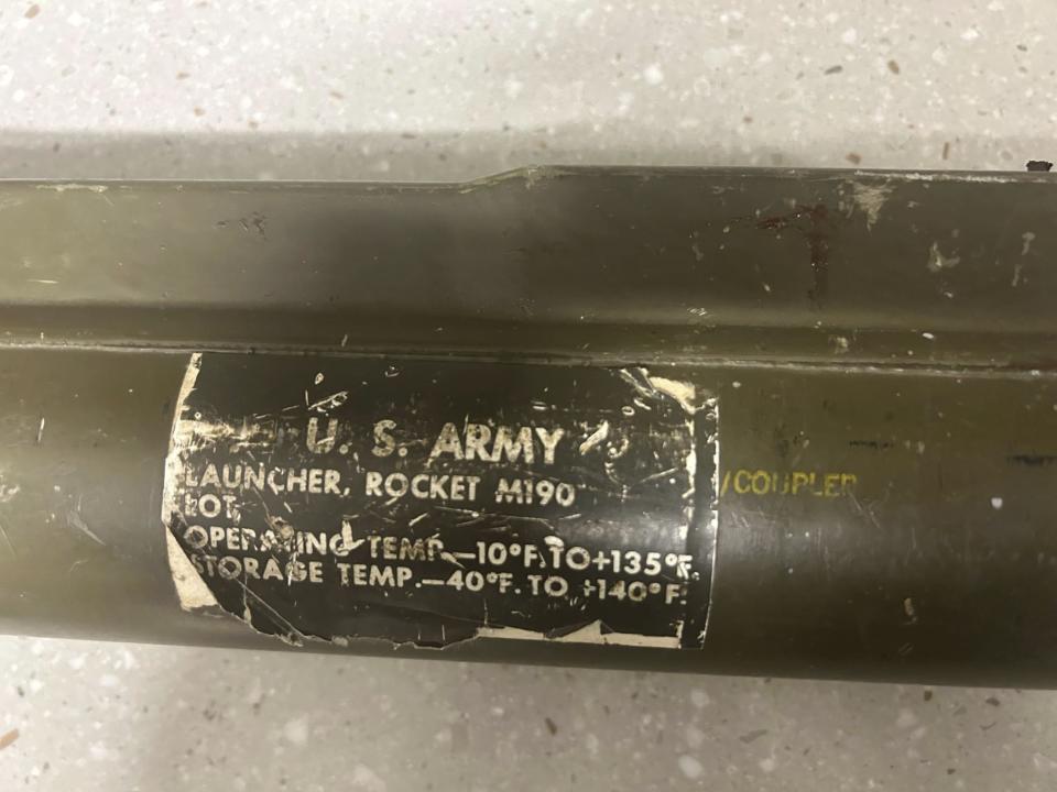 This photo provided by Sutton Police Department shows a U.S. Army rocket launcher found in a vehicle by Sutton Police on Wednesday, Feb. 21, 2024 in Sutton, Mass. Det. Alex Sinni said he was unnerved to find a U.S. Army rocket launcher when searching a suspicious truck for drugs. (Sutton Police Department via AP)