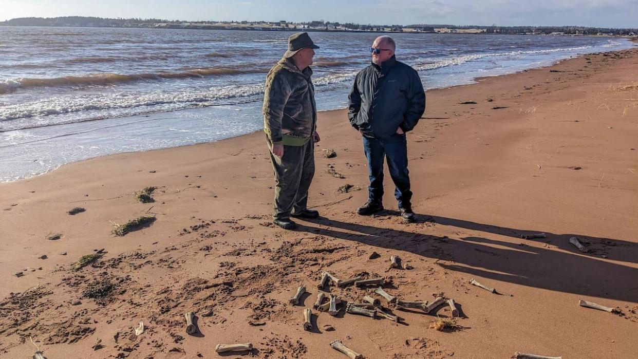 Ron Howse (left) and Lennie Rose stand on the beach in Souris where the bones were found.   (Shane Hennessey/CBC - image credit)