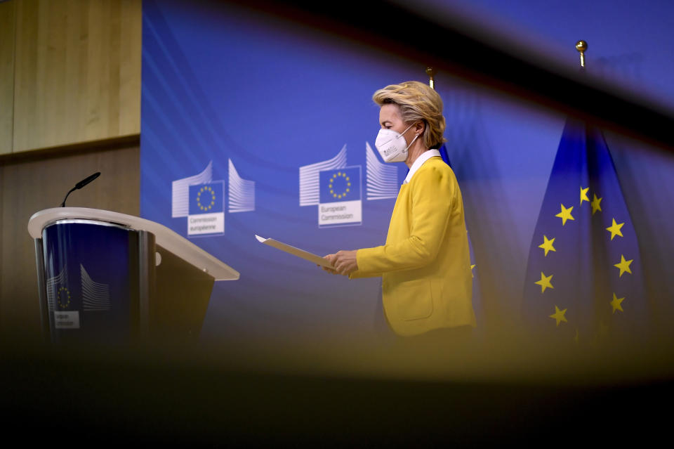 European Commission President Ursula von der Leyen prepares to deliver a statement after a meeting of the college of commissioners at EU headquarters in Brussels, Wednesday, April 14, 2021. EU Commission chief Ursula von der Leyen announced plans Wednesday for a major contract extension for COVID-19 vaccines with Pfizer stretching to 2023. (John Thys, Pool via AP)