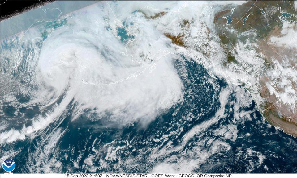storm system typhoon remnant over alaska satellite image