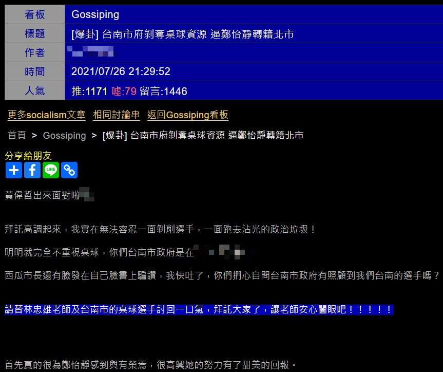 網友爆料指鄭怡靜的恩師林忠雄遭台南市府剝奪資源。（圖／翻攝自PTT）