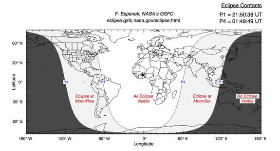 This diagram shows where people will be able to see moon will pass through the Earth's penumbra (shadow) on Oct. 18, 2013.