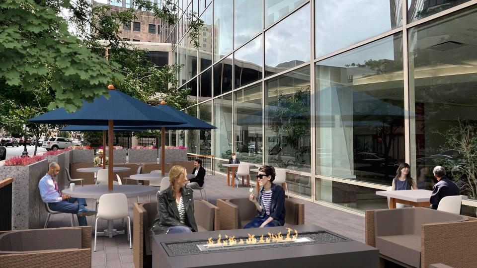 A rendering of a new patio at the 401 S. Fourth St. tower in downtown Louisville. Renovations are expected to start in the second quarter of 2024 and wrap by the end of 2025.