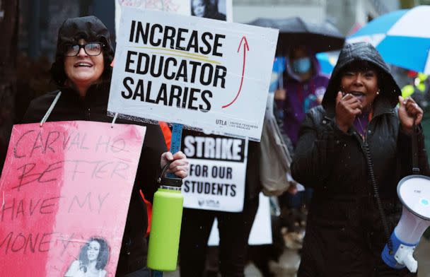 PHOTO: Los Angeles Unified School District workers and supporters picket outside Robert F. Kennedy Community Schools on the first day of a strike over a new contract on Mar. 21, 2023 in Los Angeles. (Mario Tama/Getty Images)