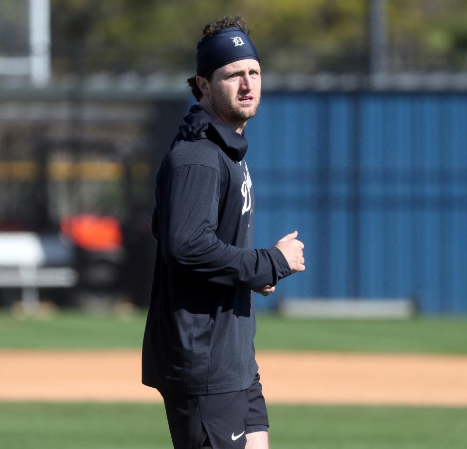 Tigers pitcher Casey Mize runs in the outfield during practice during spring training on Monday, Feb. 13, 2023, in Lakeland, Florida.