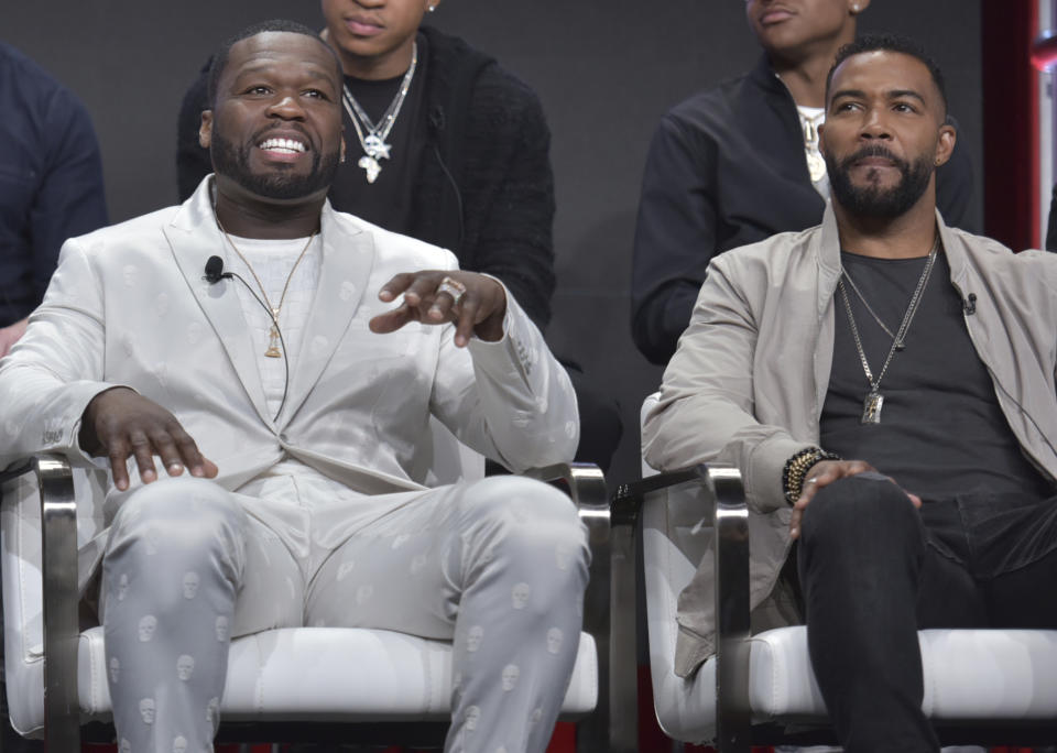 Curtis "50 Cent" Jackson, left, and Omari Hardwick participate in the Starz "Power" panel at the Television Critics Association Summer Press Tour on Friday, July 26, 2019, in Beverly Hills, Calif. (Photo by Richard Shotwell/Invision/AP)