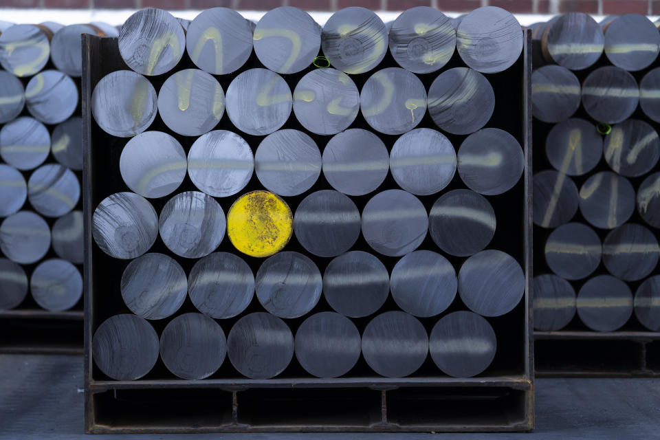 Cut pieces of steel used in the manufacturing of 155 mm M795 artillery projectiles are stacked in the yard at the Scranton Army Ammunition Plant in Scranton, Pa., Thursday, April 13, 2023. One of the most important munitions of the Ukraine war comes from a historic factory in this city built by coal barons, where tons of steel rods are brought in by train to be forged into the artillery shells Kyiv can’t get enough of — and that the U.S. can’t produce fast enough. (AP Photo/Matt Rourke)