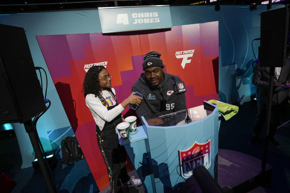 Kansas City Chiefs defensive tackle Chris Jones is interviewed during the NFL football Super Bowl 57 opening night, Monday, Feb. 6, 2023, in Phoenix. The Kansas City Chiefs will play the Philadelphia Eagles on Sunday. (AP Photo/David J. Philip)