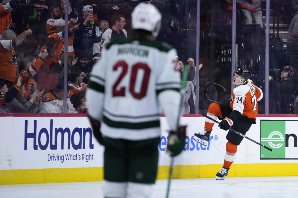 Philadelphia Flyers' Owen Tippett (74) reacts after scoring a goal during the third period of an NHL hockey game against the Minnesota Wild, Thursday, Oct. 26, 2023, in Philadelphia. (AP Photo/Matt Slocum)