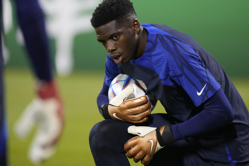 FILE - Goalkeeper Sean Johnson of the United States participates in an official training on the eve of the group B World Cup soccer match between United States and Wales, at Al-Gharafa SC Stadium, in Doha, Qatar, Sunday, Nov. 20, 2022. Sean Johnson is the new goalkeeper for Toronto FC through 2024. The 33-year-old free agent spent the last six seasons with New York City FC.(AP Photo/Ashley Landis, File)