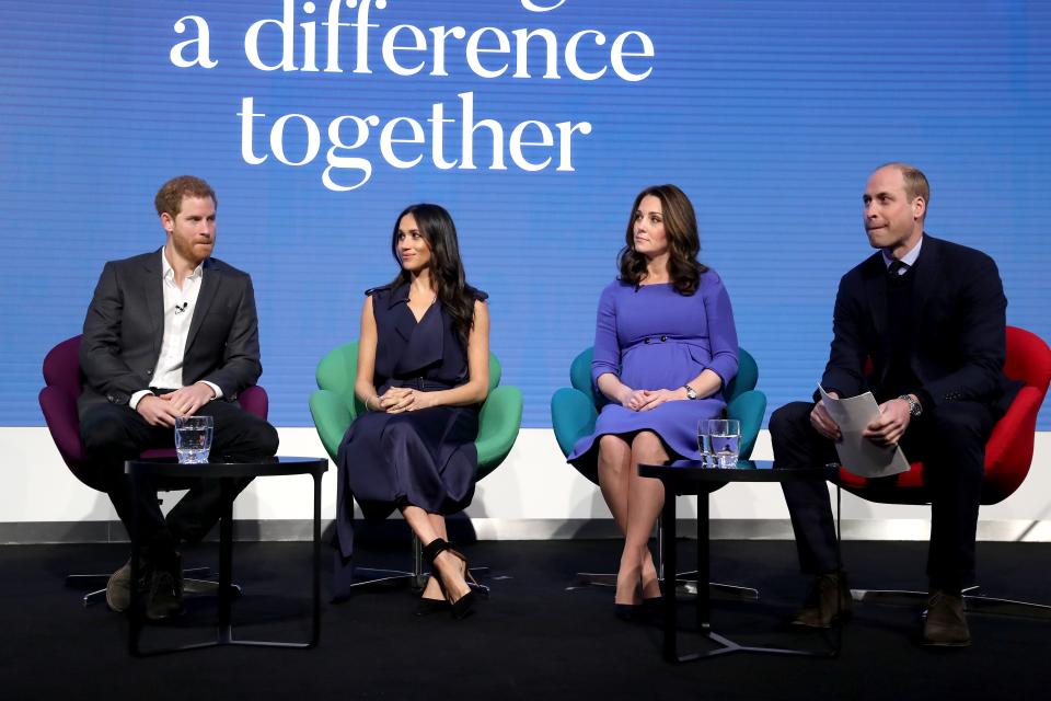 Prince Harry, Meghan Markle, Kate Middleton, and Prince William attend the first annual Royal Foundation Forum on February 28, 2018.