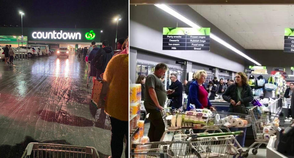 Hundreds of shoppers line up outside Countdown supermarket in Auckland, New Zealand as Stage Three restrictions loom.