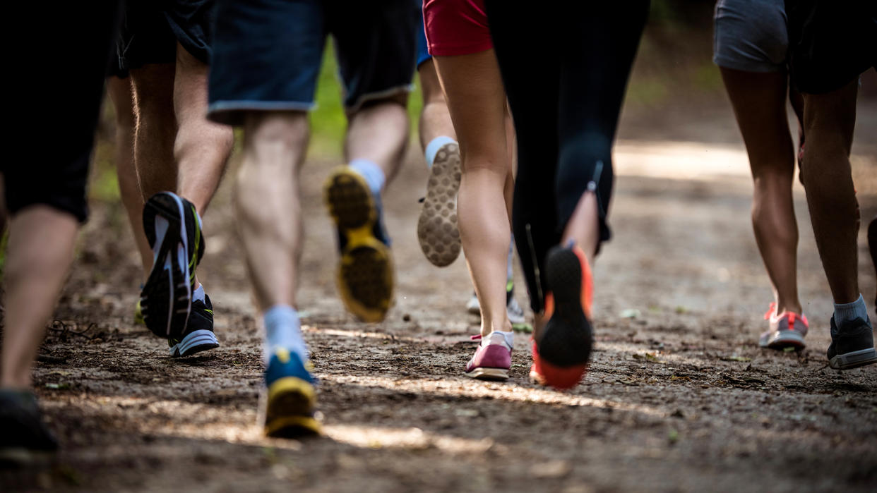  The feet and lower legs of a group of people running along a trail path, away from the camera. 