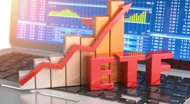 graphic of the phrase ETF sitting on a computer in front of an increasing line graph on top of a bar graph. Best Funds for Aggressive Investors. Best Growth ETFs