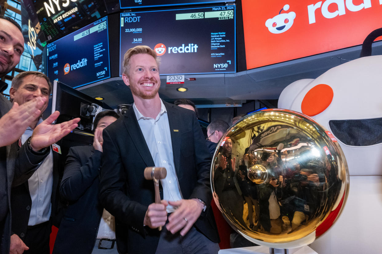 NEW YORK, NEW YORK - MARCH 21: Reddit CEO Steve Huffman stands on the floor of the New York Stock Exchange (NYSE) after ringing a bell on the floor setting the share price at $47 in its initial public offering (IPO) on March 21, 2024 in New York City. The social media platform Reddit had priced its IPO in the range of $31 to $34 per share on Wednesday. (Photo by Spencer Platt/Getty Images)