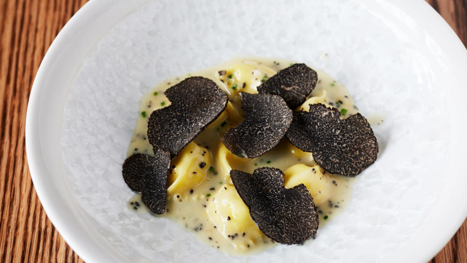 Whipped ricotta agnolotti with black truffles