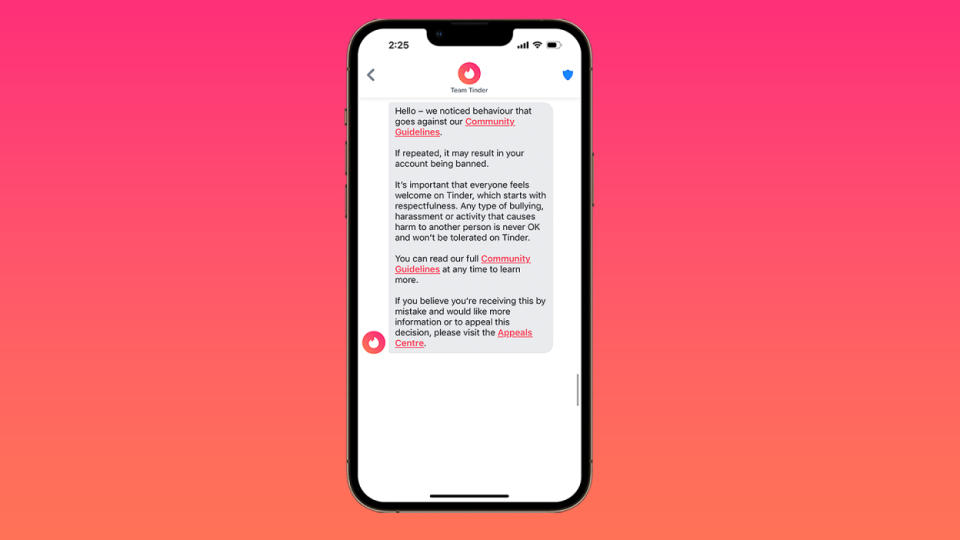 Tinder's latest safety features will prompt users to re-read their community guidelines. Credit: Tinder