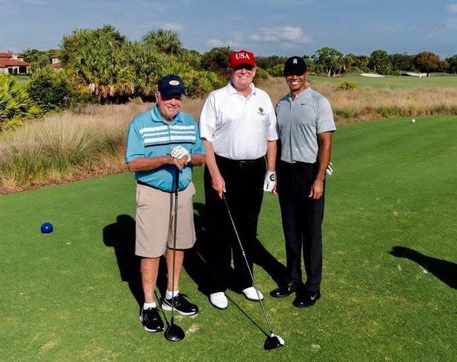 President Donald Trump tweeted this photo after golfing with local golf legends Jack Nicklaus and Tiger Woods on Saturday, Feb. 2, 2019