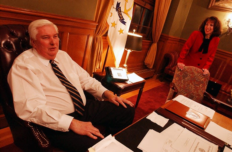 Governor Lincoln Almond with press secretary Lisa Pelosi in his office minutes beforte he is to deliver his eighth and final State of the State address to a joint session of the Rhode Island Legislature. 
