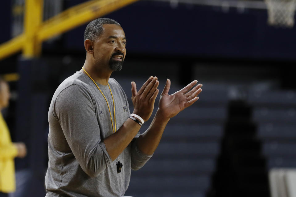Michigan head basketball coach Juwan Howard attends an open practice, Thursday, Oct. 17, 2019 in Ann Arbor, Mich. Michigan held its men's basketball media day Thursday, another first for Howard as he prepares for his initial season at the helm. The former Fab Five star returned to his school after coach John Beilein left for the NBA this offseason. (AP Photo/Carlos Osorio)