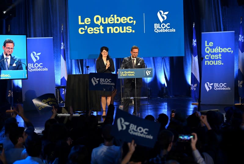 Bloc Quebecois leader Yves-Francois Blanchet reacts after Canada's federal election in Montreal