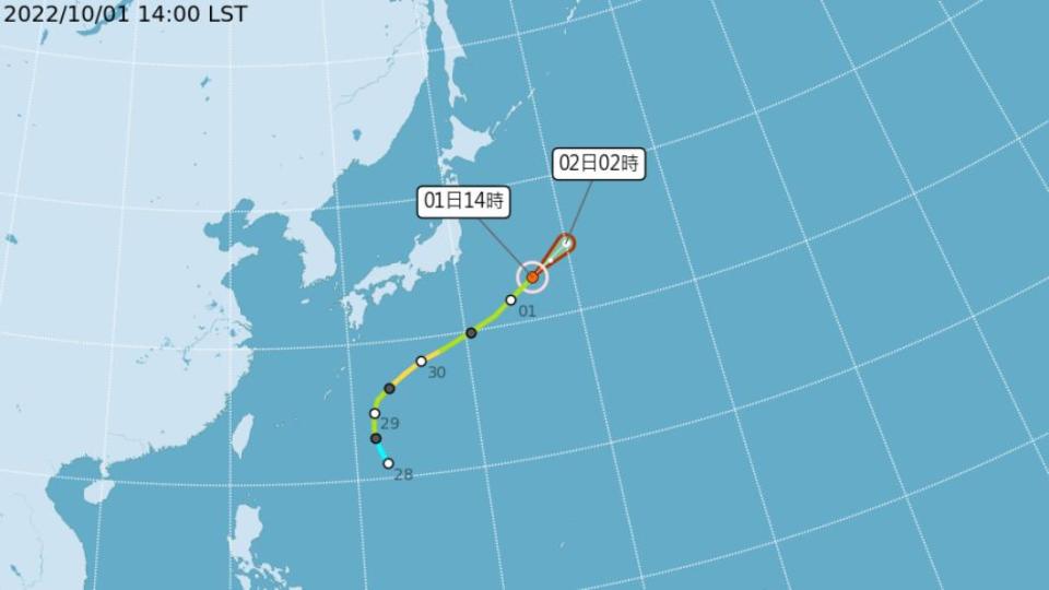 洛克颱風今（1）日下午2點路徑圖。（圖／中央氣象局）