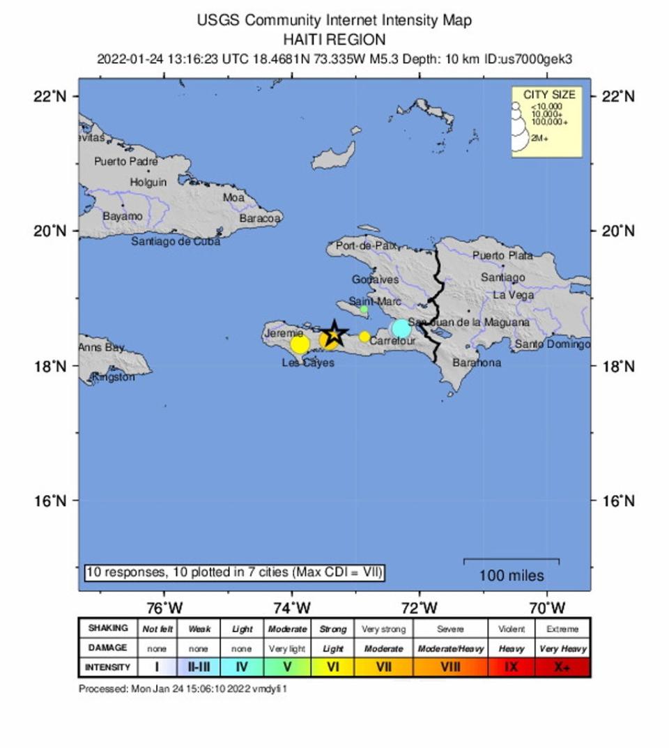 The location of a 5.3-magnitude earthquake hitting Haiti, 24 January 2022.  Two earthquakes of 5.1 and 5.3 magnitude were recorded by the USGS within less than an hour with both epicenters few kilometers apart at about ten kilometres depth (EPA/USGS HANDOUT)