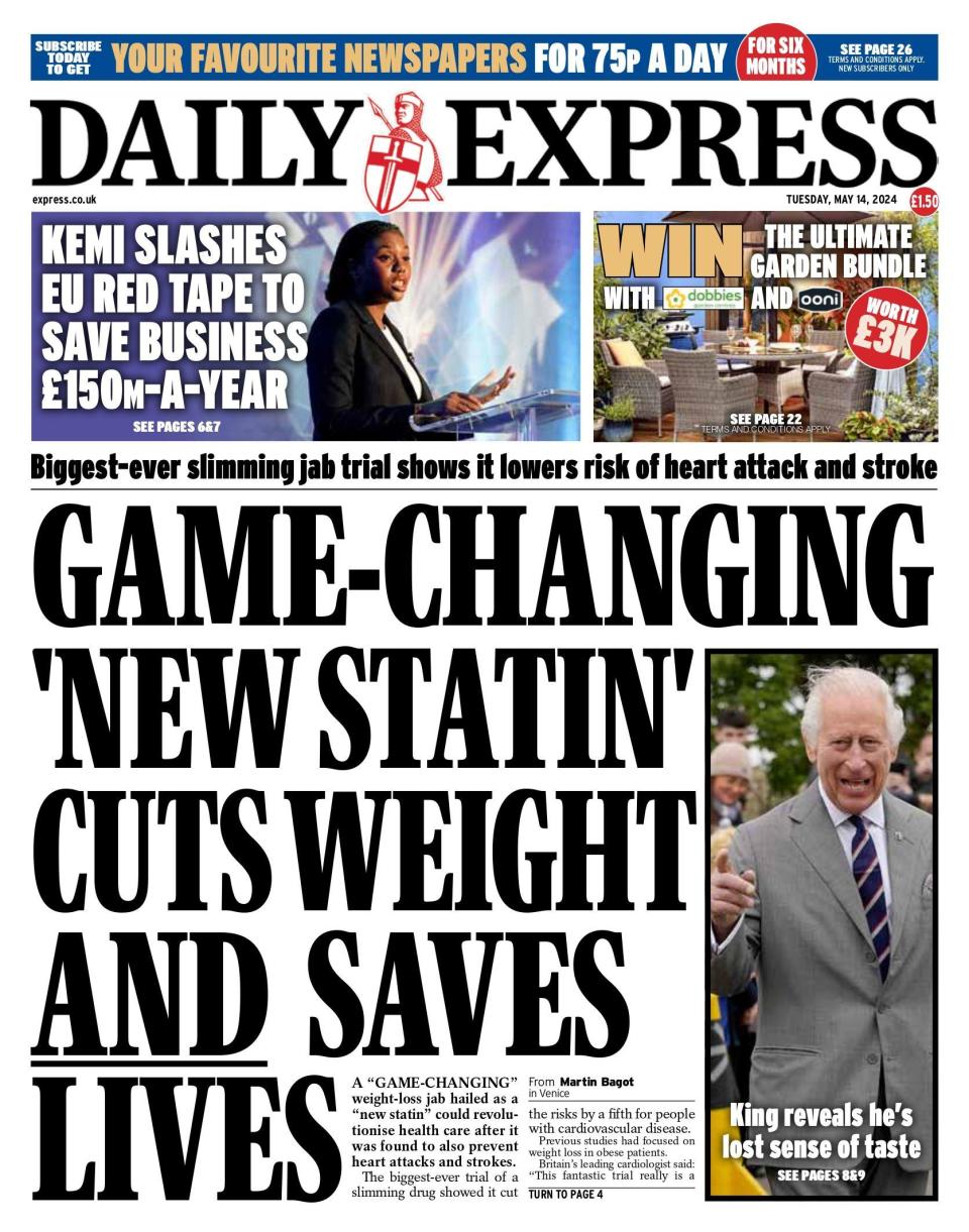 Daily Express front page: Game-changing new statin cuts weight and saves lives