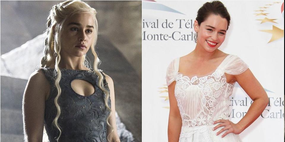 <p>While her <em><a href="https://www.goodhousekeeping.com/life/entertainment/g3367/game-of-thrones-cast-in-real-life/" rel="nofollow noopener" target="_blank" data-ylk="slk:Game of Thrones;elm:context_link;itc:0;sec:content-canvas" class="link ">Game of Thrones</a></em> character had waist-length blonde curls, Emilia Clarke typically wears her hair in a rich chocolate brown shade, and opts for glam red lipstick over bronze makeup.</p>