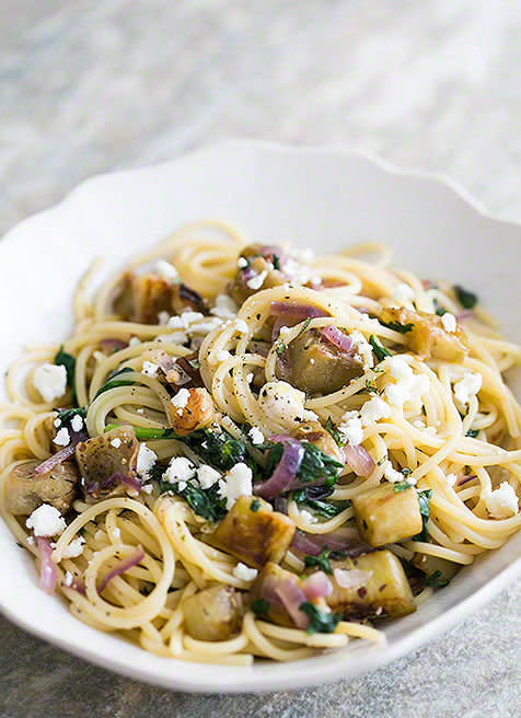 <strong>Get the <a href="http://www.simplyrecipes.com/recipes/pasta_with_eggplant_feta_and_mint/" target="_blank">Spaghetti with Eggplant, Feta, and Mint recipe</a> from Simply Recipes</strong>