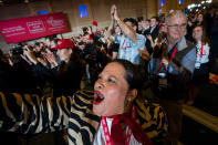 <p>Ana Veronica Lacayo cheers as US President Donald J. Trump addresses the 45th annual Conservative Political Action Conference (CPAC) at the Gaylord National Resort & Convention Center in National Harbor, Md., Feb. 22, 2018. (Photo: Jim Lo Scalzo/EPA-EFE/REX/Shutterstock) </p>