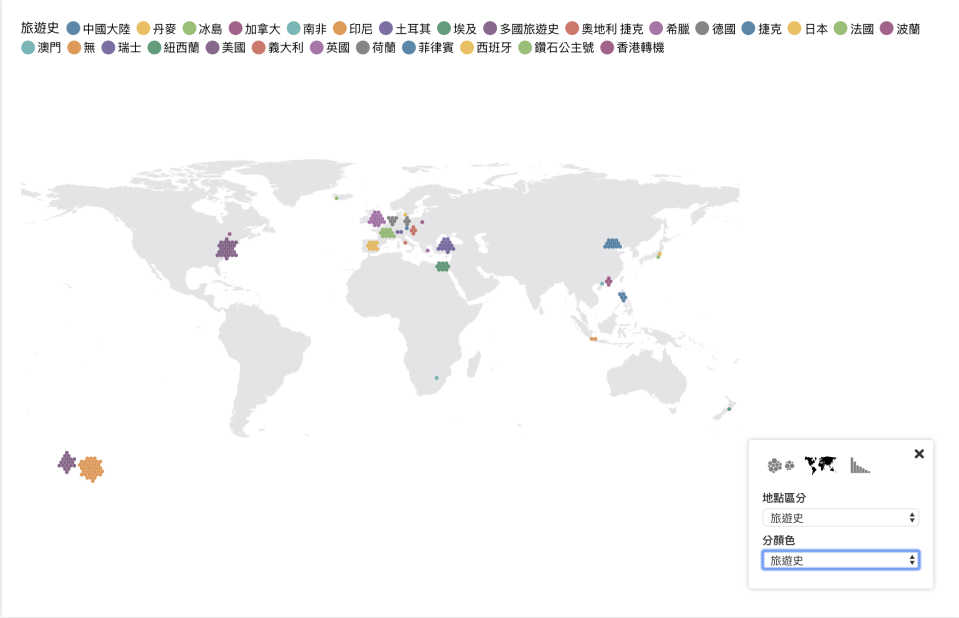 用地圖可以觀看目前的台灣確診病例都來自哪些地方。歐洲目前為最大宗。