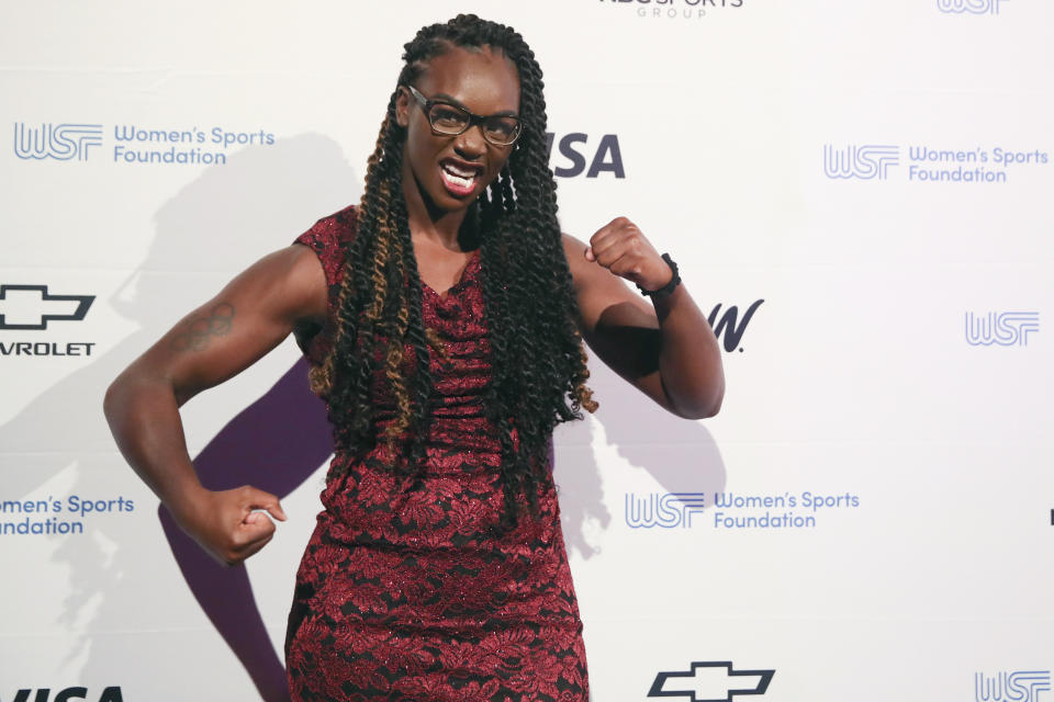 In this Wednesday, Oct. 16, 2019, photo, boxer poses Claressa Shields for photos on the red carpet of the Women's Sports Foundation's 40th annual Salute to Women in Sports in New York. Shields, a two-time Olympic gold medalist and middleweight champion, won Sportswoman of the Year in the individual category. (AP Photo/Mary Altaffer)