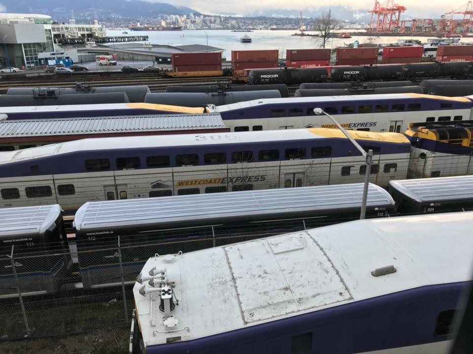 West Coast Express trains parked at Waterfront Station in downtown Vancouver. Three eastbound departures were cancelled Wednesday evening due to a mudslide on the Canadian Pacific tracks. (Manjula Dufresne/CBC - image credit)