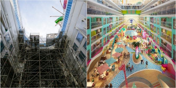 A collage of Royal Caribbean's Icon of the Seas's Surfside and Royal Caribbean’s rendering of the space.