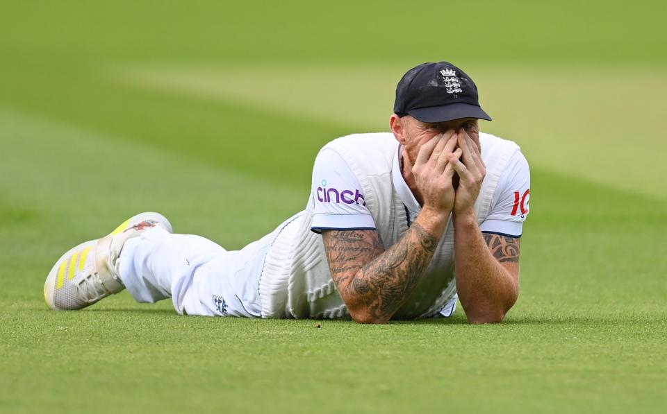 Ben Stokes of England reacts after miss fielding during Day Four of the LV= Insurance Ashes 2nd Test match between England and Australia at Lord&#39;s Cricket Ground on July 01, 2023 in London, England