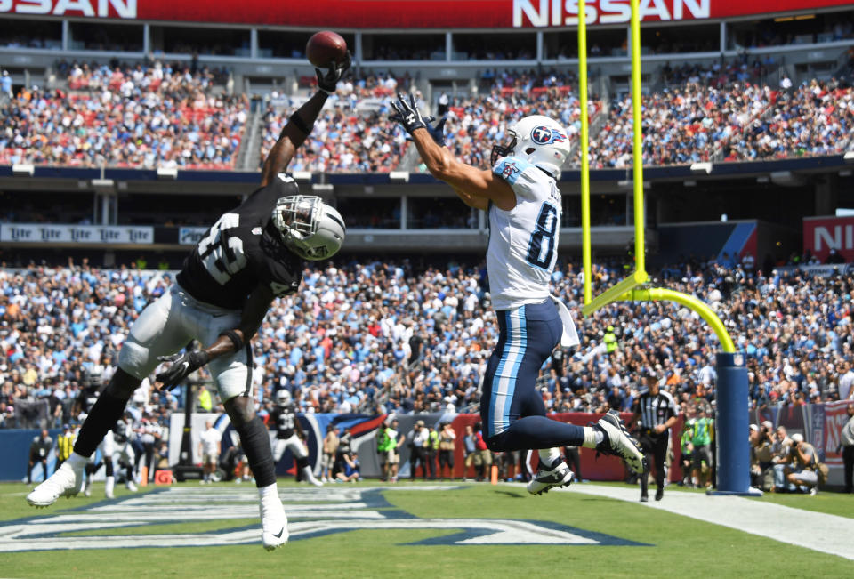 <p>Oakland Raiders strong safety Karl Joseph (42) deflects a pass intended for Tennessee Titans wide receiver Eric Decker (87) in the second quarter during a NFL football game at Nissan Stadium. Mandatory Credit: Kirby Lee-USA TODAY Sports </p>