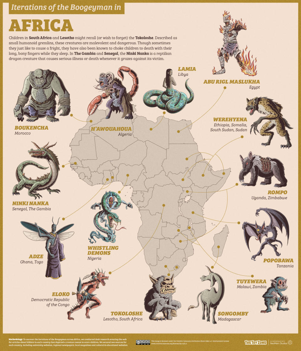 A map featuring bogeymen monsters from different countries around the world