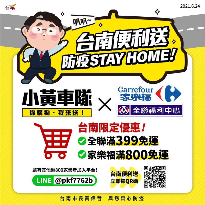 台南市政府推出「台南便利送」平台，只要加入官方LINE帳號並加入會員，即可在線上選購各大市場食材，減少外出風險。