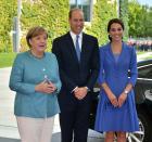 <p><b><b><b>The royal couple were all smiles when meeting German Chancellor Angela Merkel.<br><i>[Photo: PA]</i> </b></b></b></p>