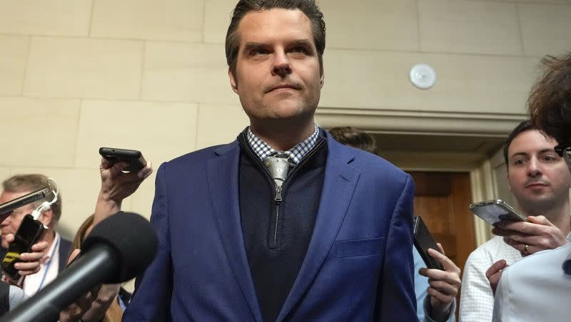 Rep. Matt Gaetz, R-Fla., speaks to reporters after Republicans met to decide who to nominate to be the new House speaker, on Capitol Hill in Washington on Monday, Oct. 23, 2023.